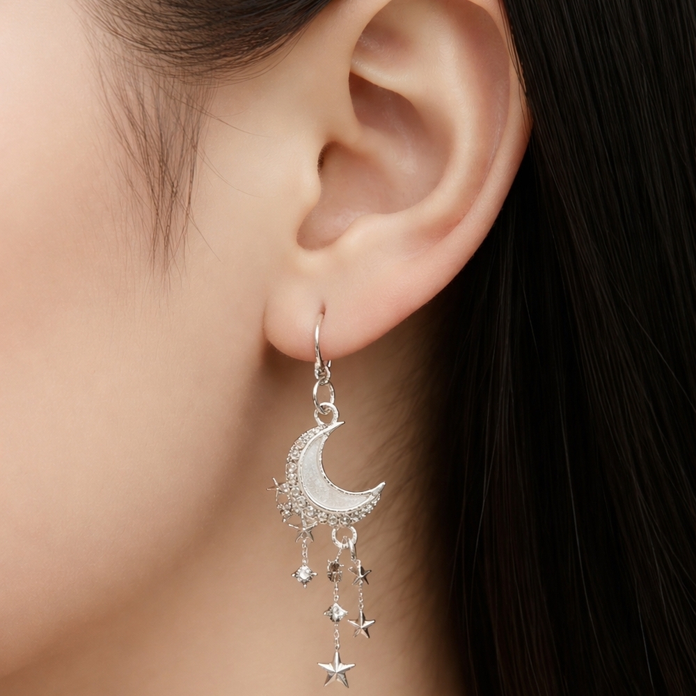 Silver Crescent Moon Dangle Earrings